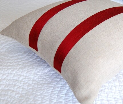 Silk Ticking Pillow Cover, Red and Oatmeal Linen 18 inch
