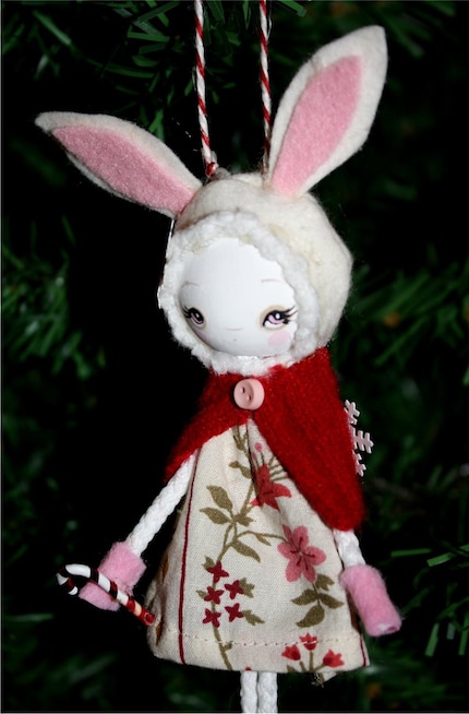 Wooly White Rabbit---Wooden Handmade Tree Ornament