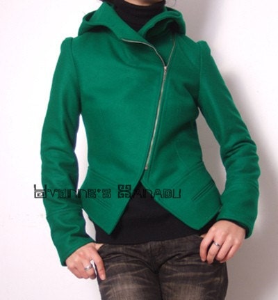 Green Wool Hooded Puff Long Sleeves Winter Fashion Jacket Free Shipping International