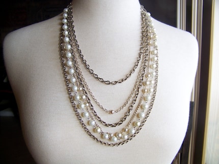 last dance - silver chains and pearls - a necklace of vintage and recycled jewelry