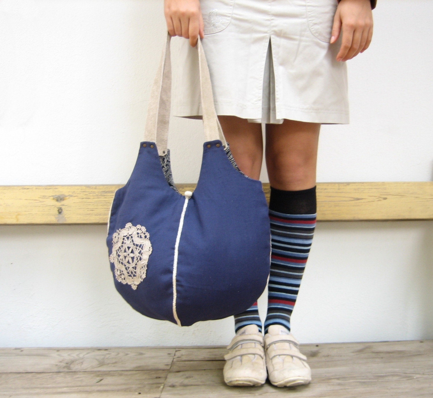 The Mimi Bag- Dark Blue with Off White Leather Strapes and Vintage Doily