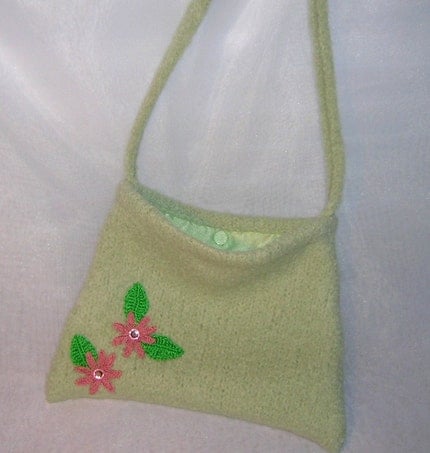 Felted Handbag in Celery Green With Hand Crocheted Rose Colored Flowers