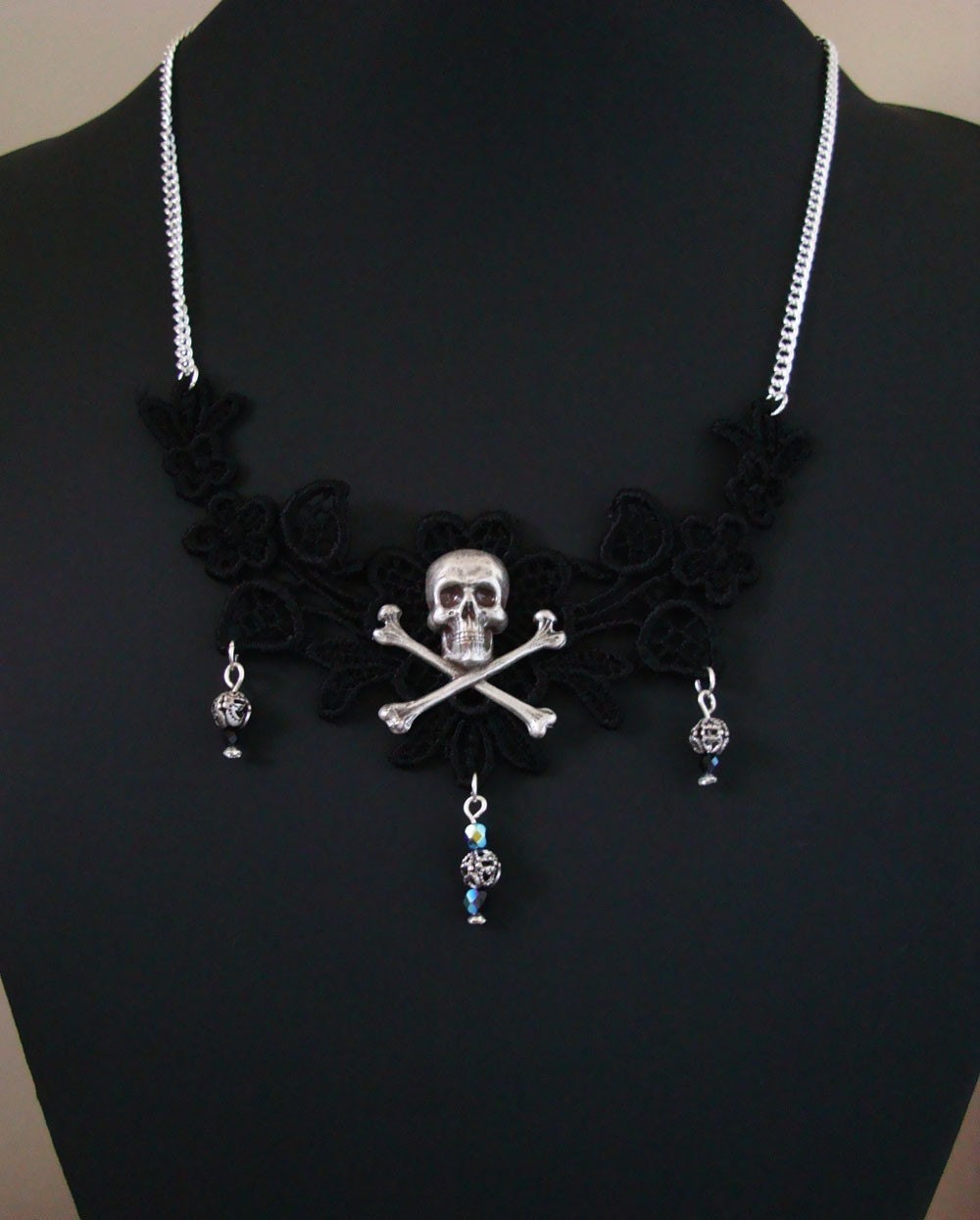 LILITH Gothic Skull and Black Lace Filigree Necklace