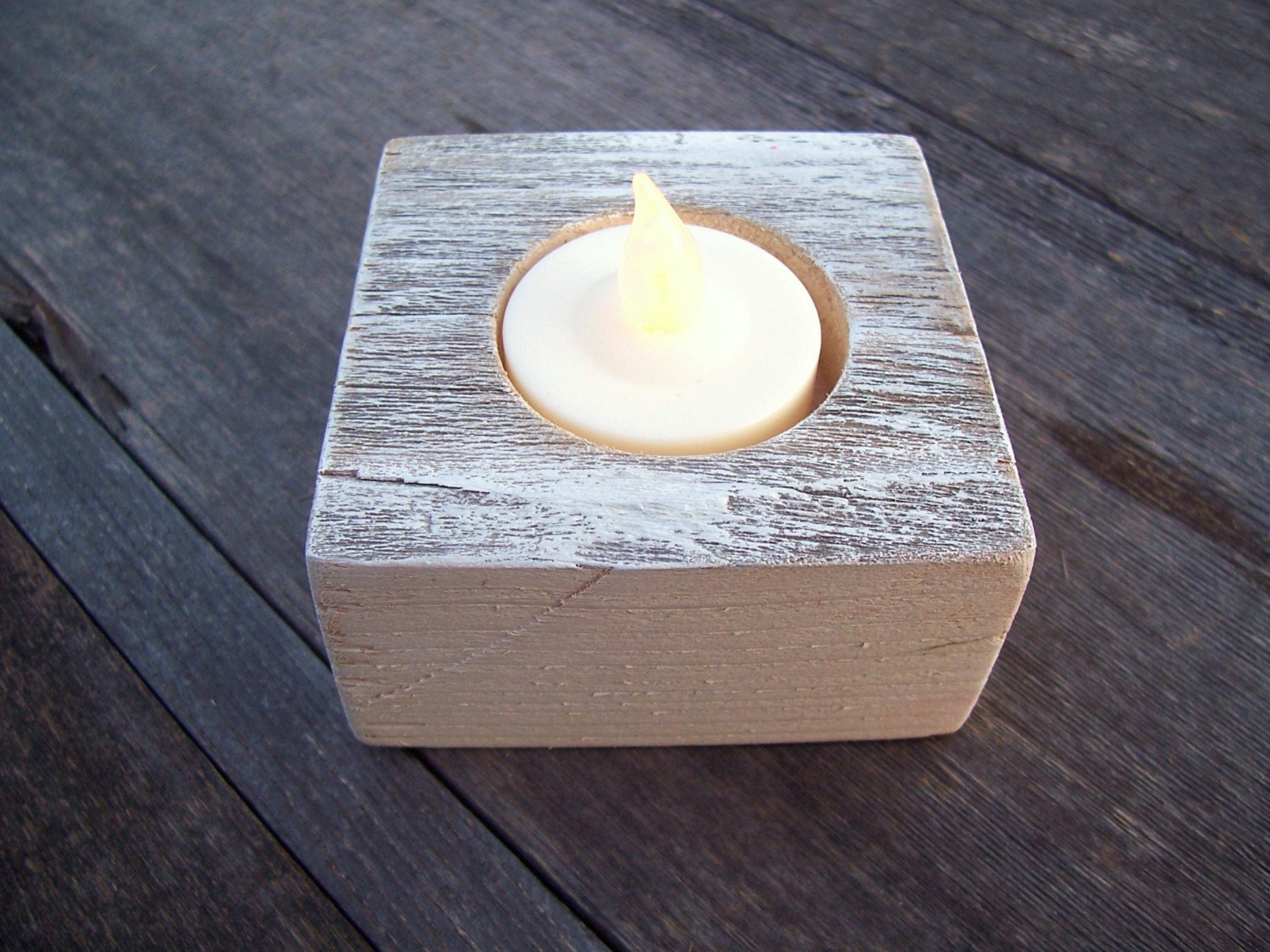 White Chunky Rustic Reclaimed Fencewood Single LED Candle Holder