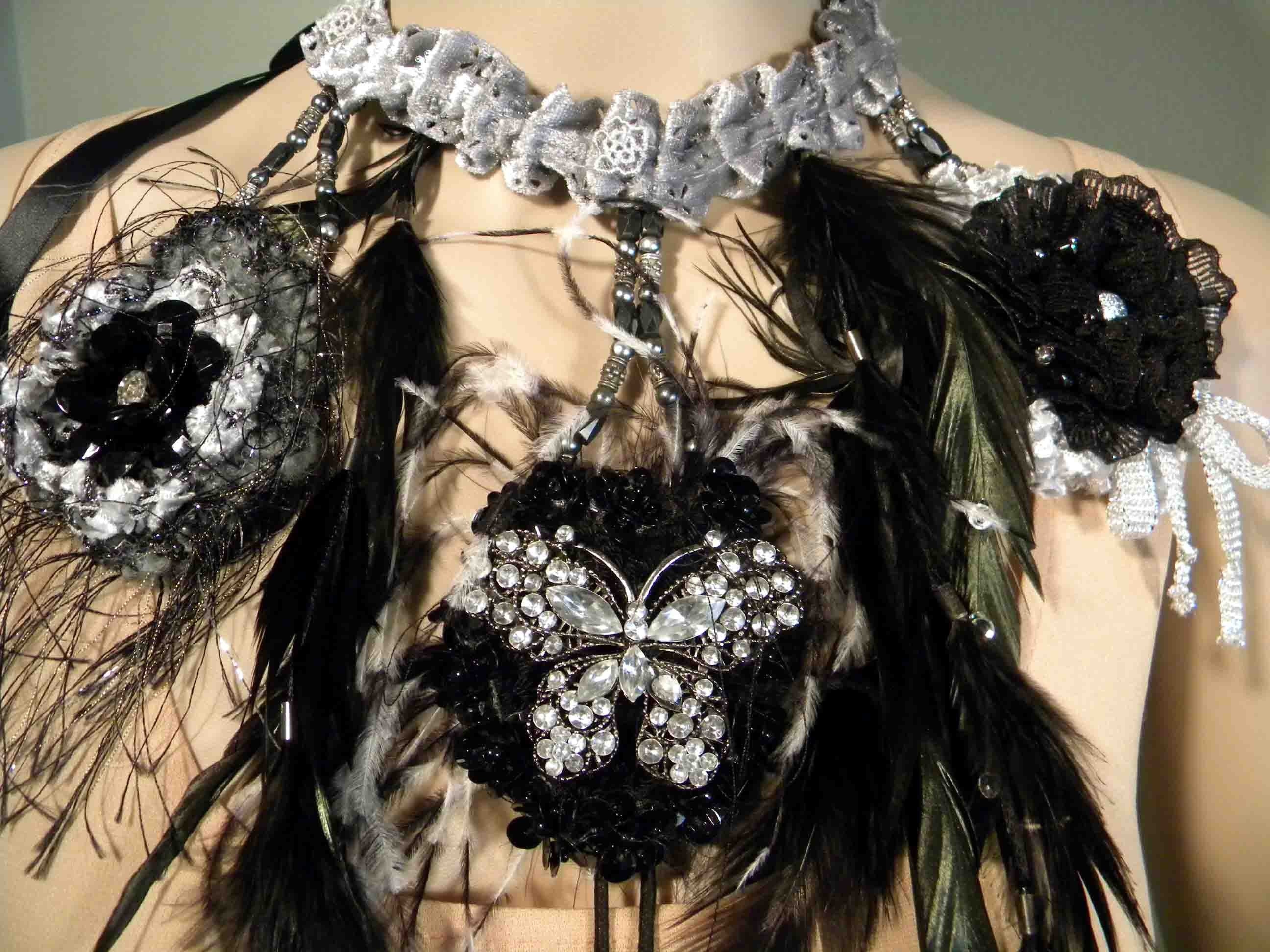 Black and
Silver Crochet Flowers and Feather Necklace
