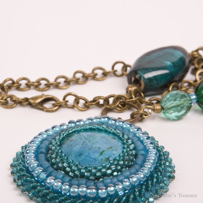Turquoise, Teal and Green Pendant on Brass Chain Necklace