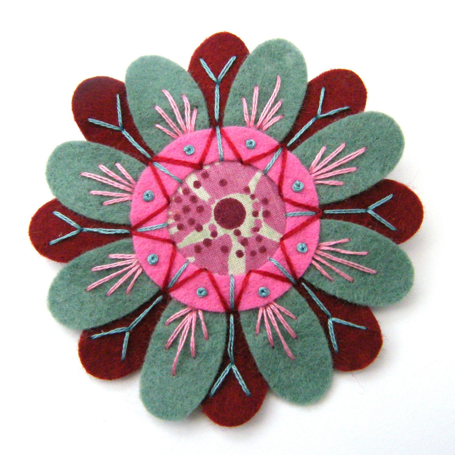 FELT AND FABRIC FLOWER BROOCH WITH FREEFORM EMBROIDERY