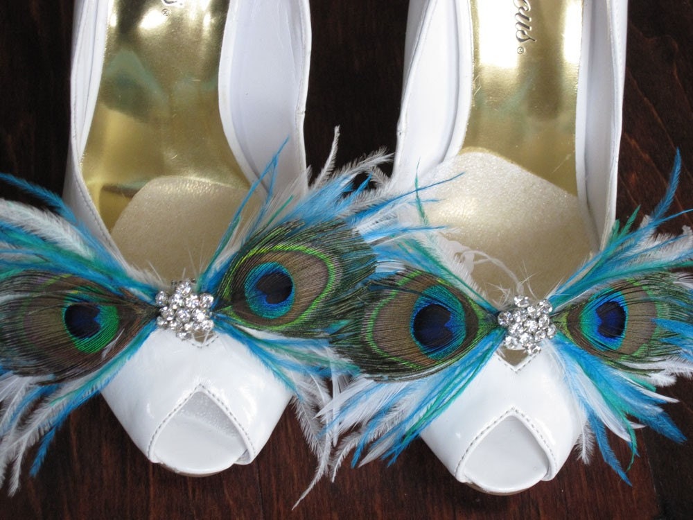 Peacock Feather Shoe Clips Vintage Rhinestone Wedding by radokri indie 
