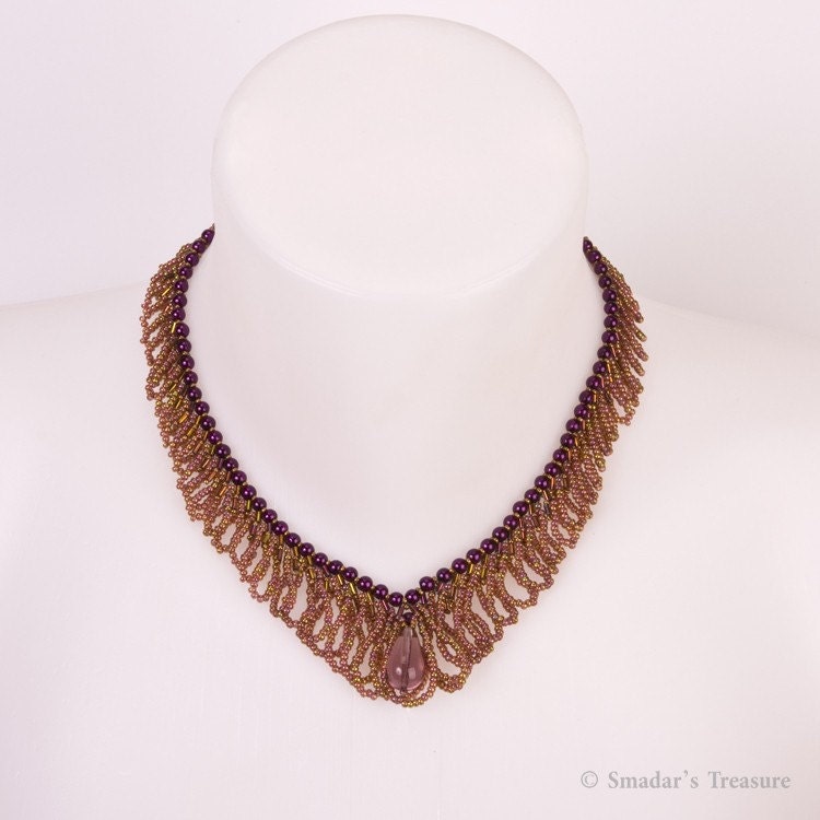 Purple, Pink and Bronze V Shape Fringe Necklace