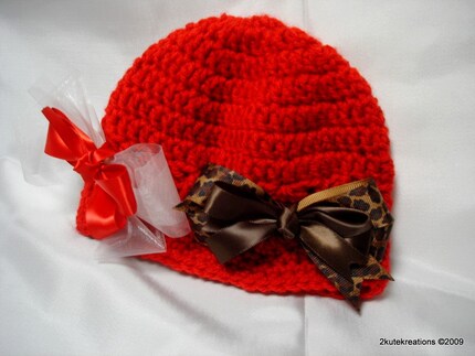 Red Crochet Beanie with Two Bows