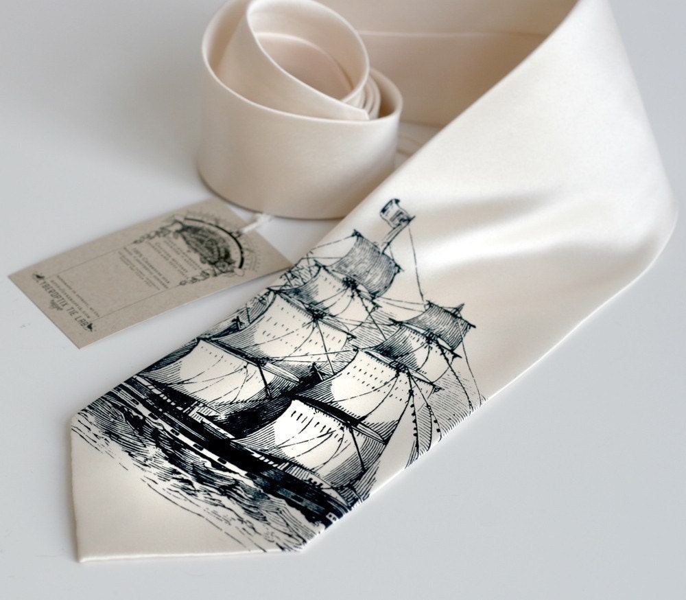 Clipper ship screen printed necktie, navy ink on cream tie