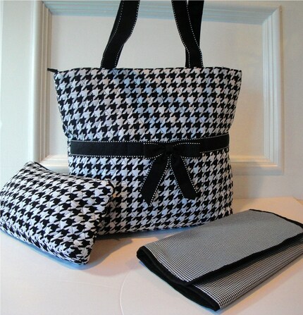 SALE SALE SALE--Black and White Houndstooth 3 Piece Diaper Bag Personalized For Free