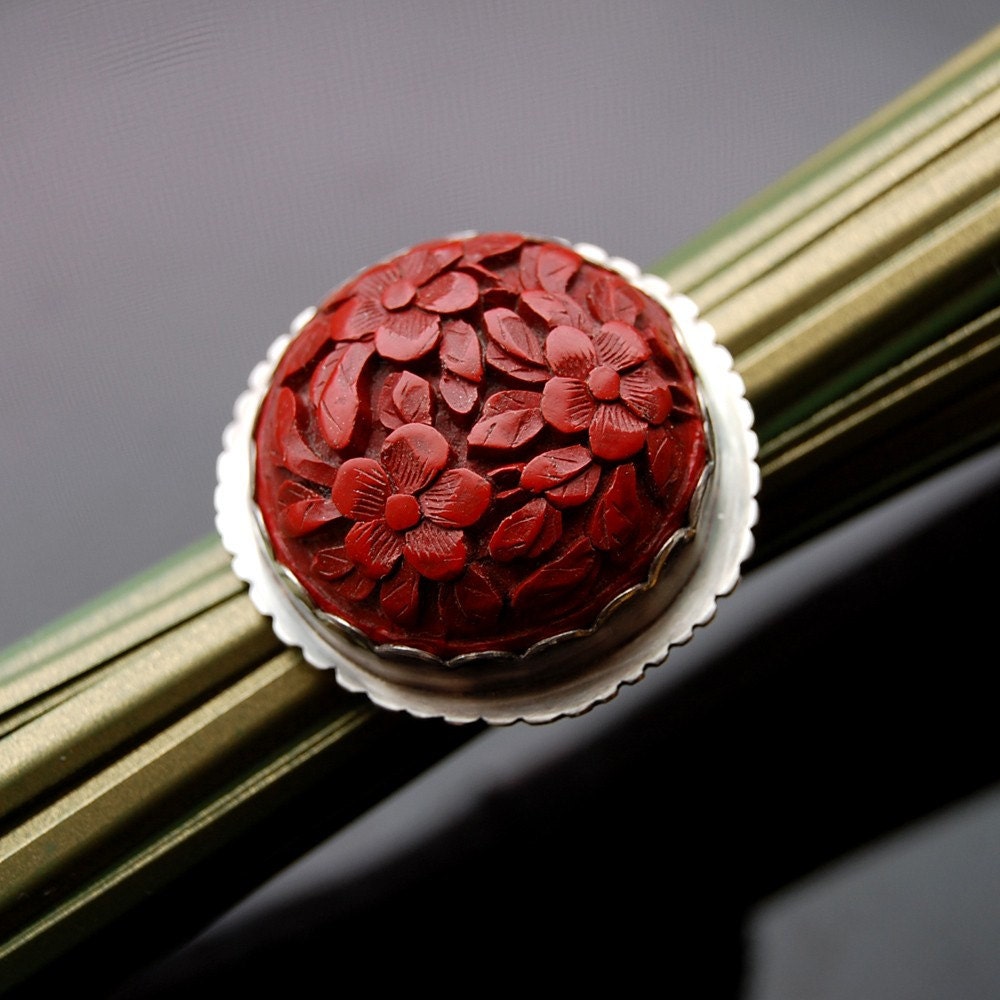Red Blossom - vintage cinnabar sterling ring