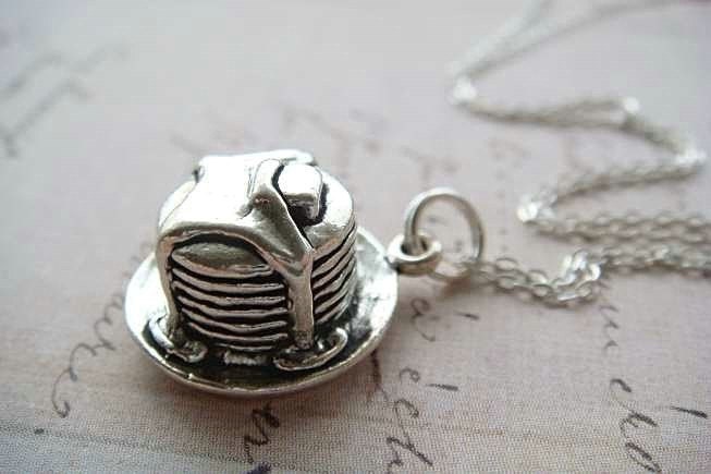 PANCAKES and SYRUP - Sterling Silver Charm with a dainty 1.5mm 16 inch Sterling Silver Cable Chain Necklace