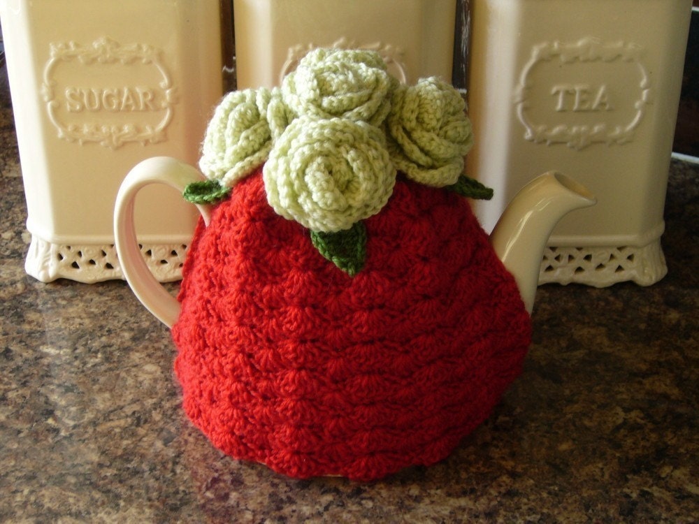 Crochet Tea Cosy/Cosie Red and Pale Green with Roses/Valentine  (Made to order)