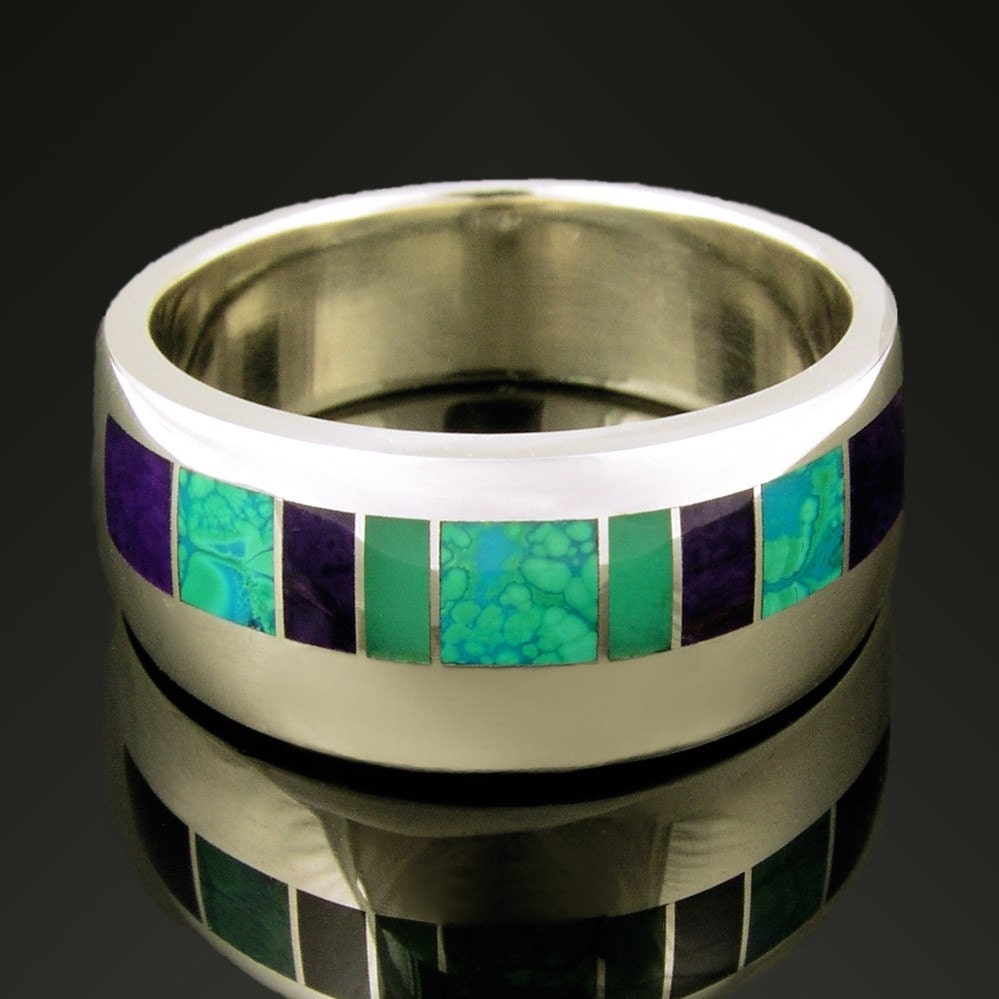 Man's sterling silver ring inlaid with sugilite chysoprase and chrysocolla