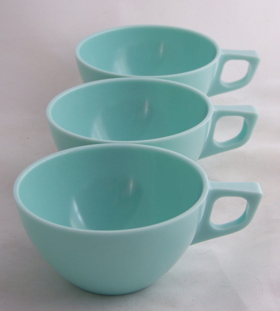 Set of Three Vintage Modern Aqua Blue Melmac Tea or Coffee Cups