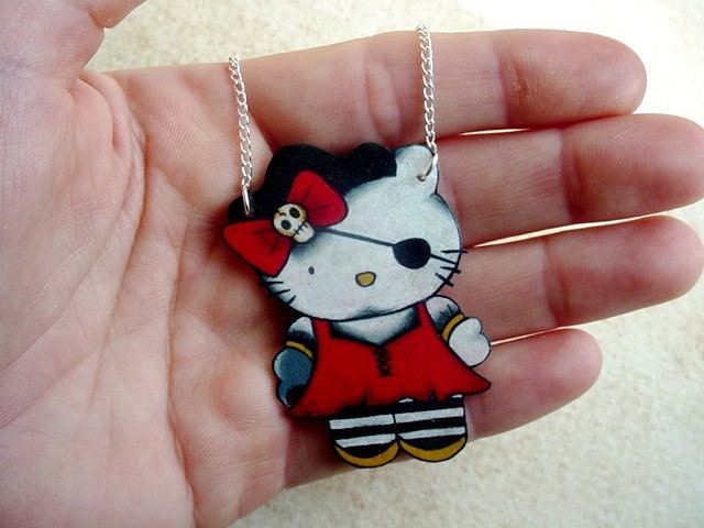 pirate kitty tattoo style necklace