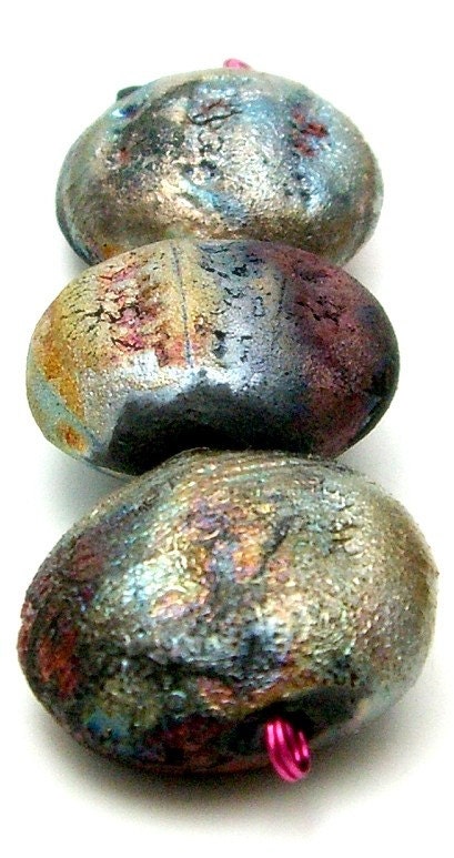 Chunky Lentils Raku Ceramic Beads Set of 3 Raku Jewelry Supplies Handmade by MAKUstudio
