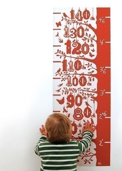 Height growth chart, hand pulled screen print onto 100 percent recycled card, poppy red (also in azure blue)