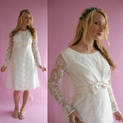 White Lace Tea Length Vintage 60s Wedding Dress L by empressjade