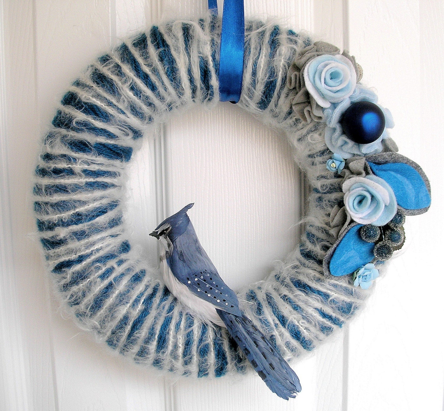 Sapphire Blue Jay Yarn Wreath