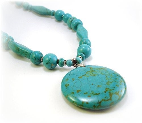 Turquoise Beaded Necklace with Round Pendant and Matching Earrings...Free Shipping