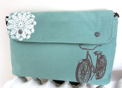 Messenger Bag in Seafoam with a Vintage Bicycle and Doily