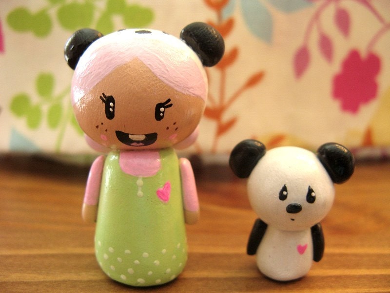 SALE- Kawaii  Panda Hat Girl and Panda Friend - Polymer Clay Sculpt