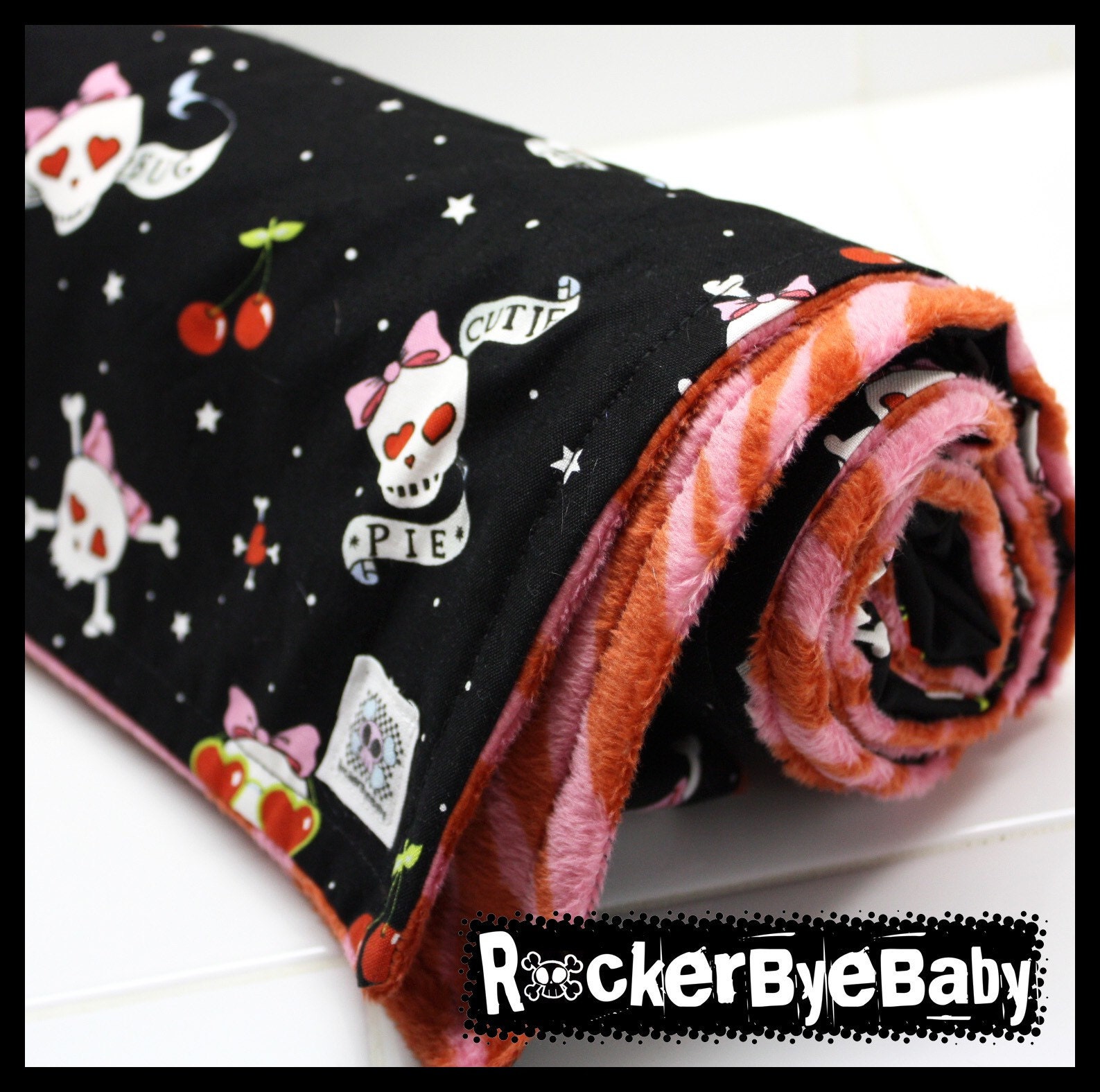 Girls Skull and Crossbones baby or toddler blanket black skull and crossbones skulls tattoo cherries with pink and red ZEBRA MINKY