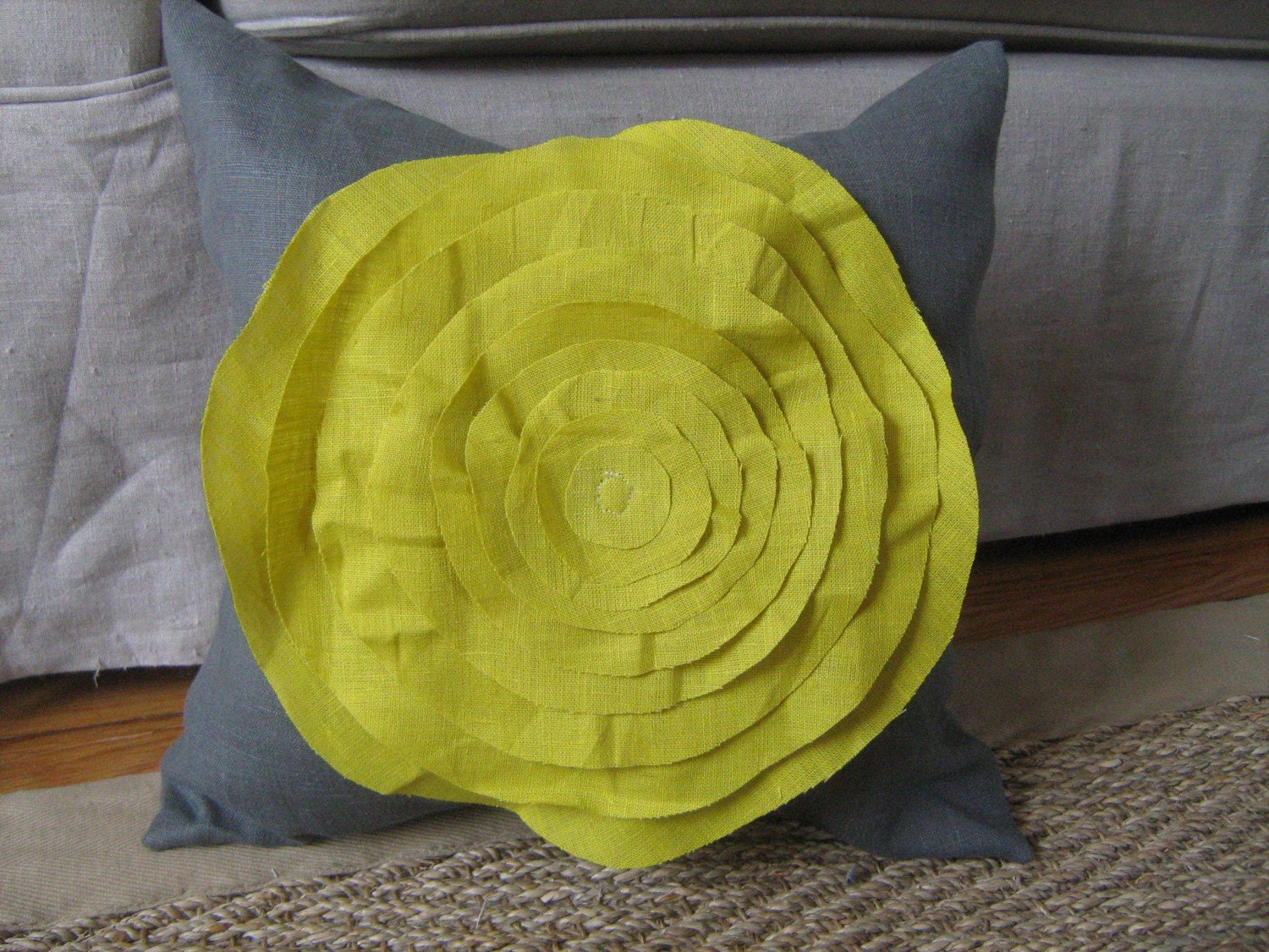 French Rose Pillow in Grey and Warm Olive Linen