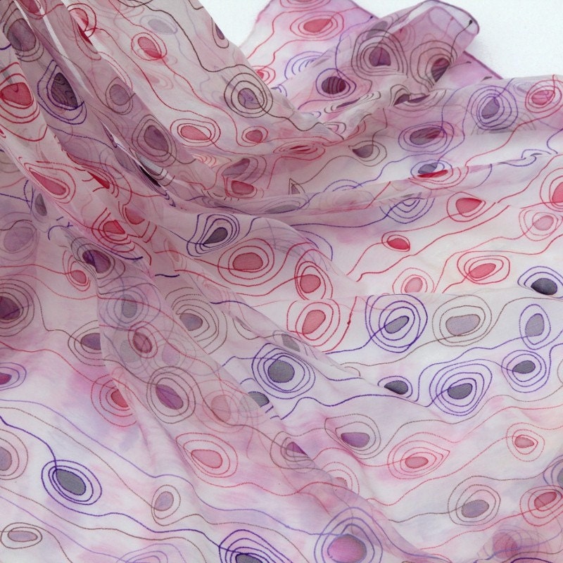 Hand painted silk scarf - Spiral pattern in pink