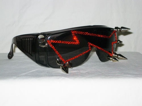 Studded Bolted N Stoned - Red Rhinestone Lightning Bolt Glasses With Spikes
