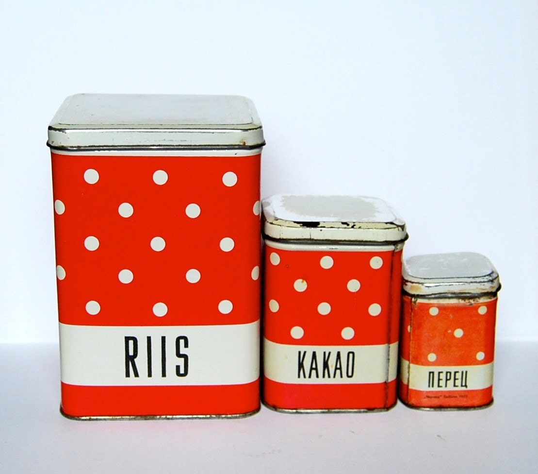 A set of 3 beautiful rustic polka dot vintage tin boxes for food storage from Estonia