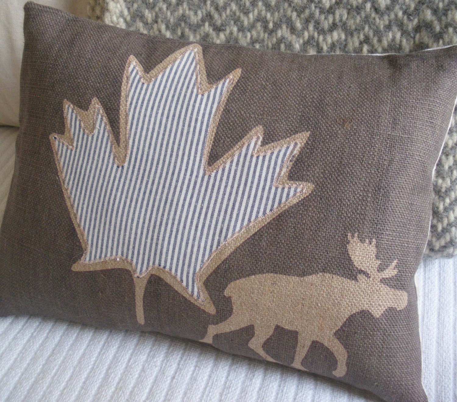 hand printed donkey brown  rustic moose and maple cushion