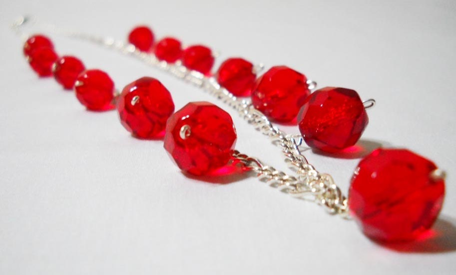 Cherry Red Czech Fire Polished Glass Chain Necklace