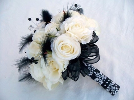 Black and White Damask Bridal Bouquet Package 15 Piece