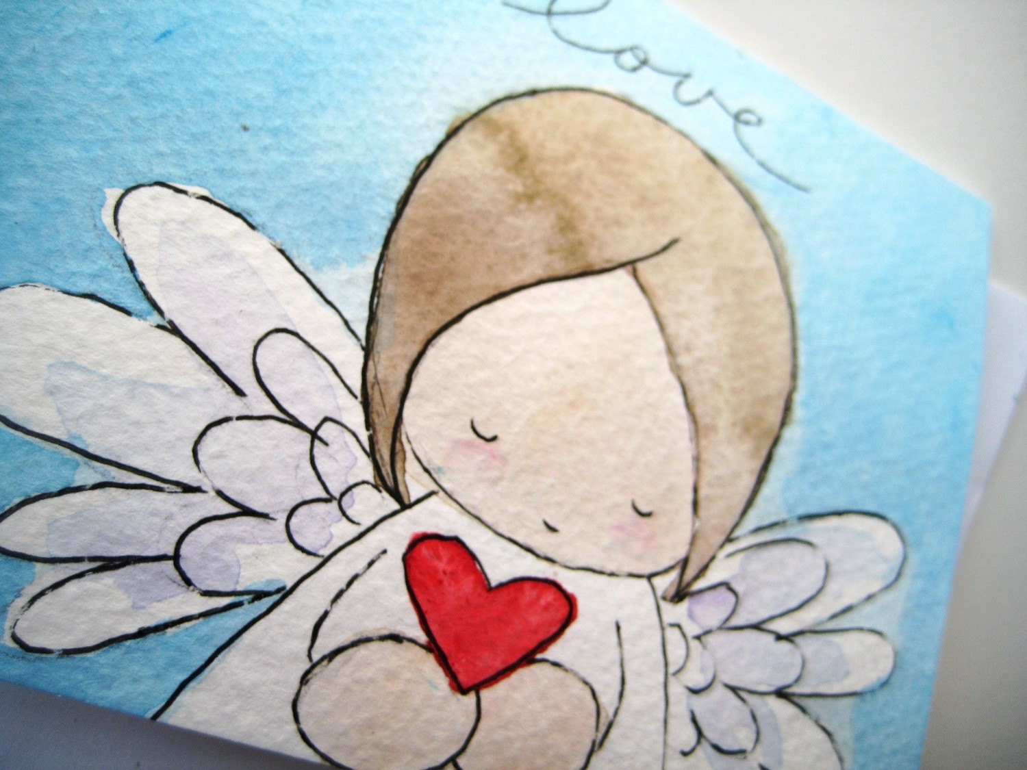 angel with heart - ONE handpainted watercolor notecard