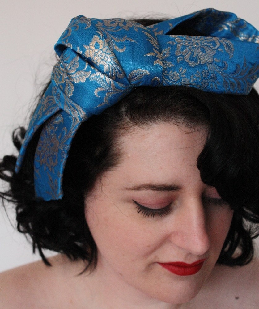 Vintage Style Thirties Half Bow Hat in Turquoise Silk Brocade