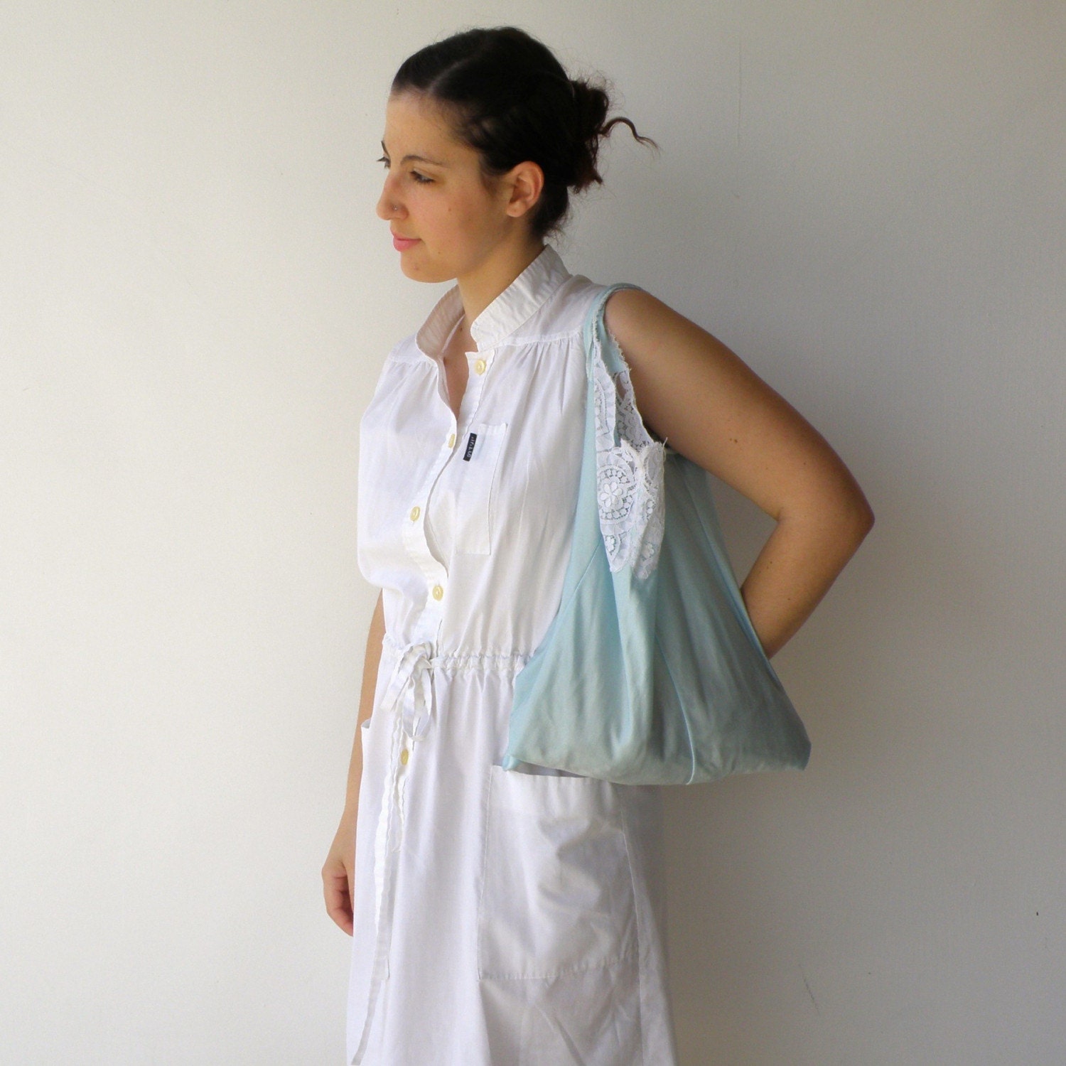 Upcycled Pale Mint Nylon and Lace Vintage Slip Bag