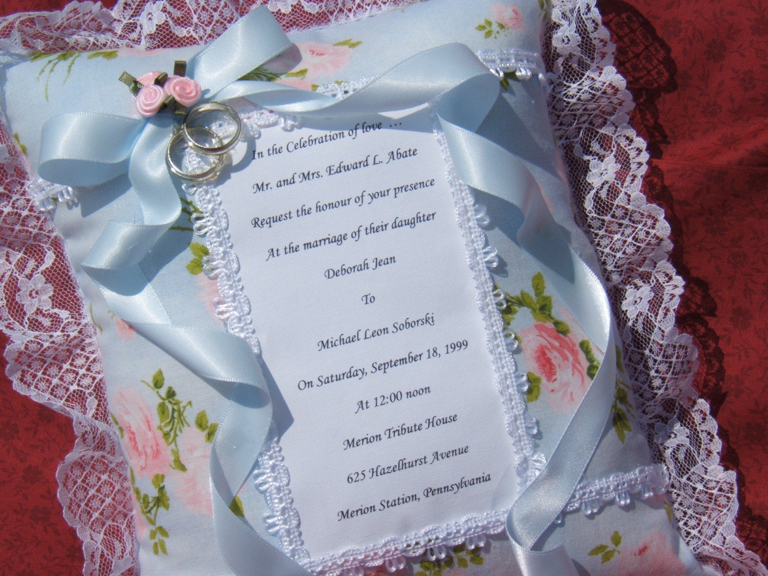 Beautiful Wedding Invitation Pillow - Keepsake for the Bride and Groom SOMETHING BLUE