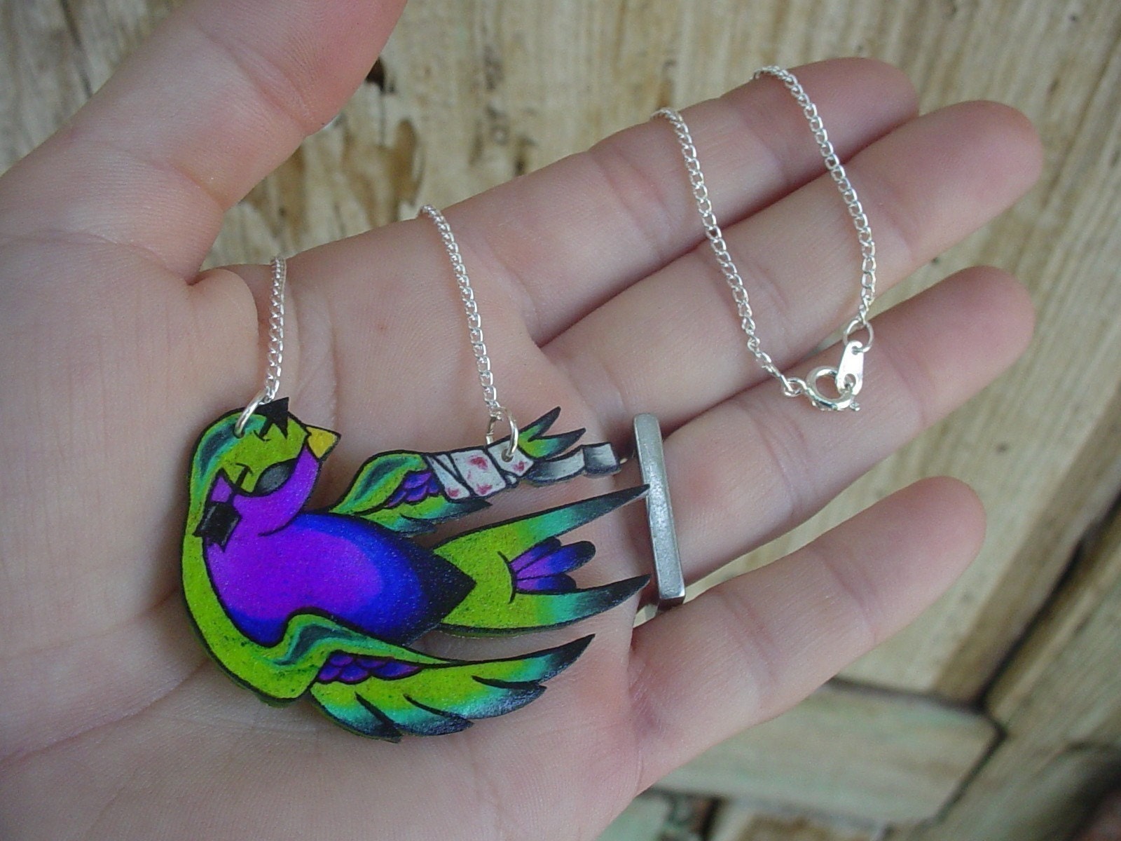 fallen zombie new school tattoo swallow necklace (lime green, teal and purple)