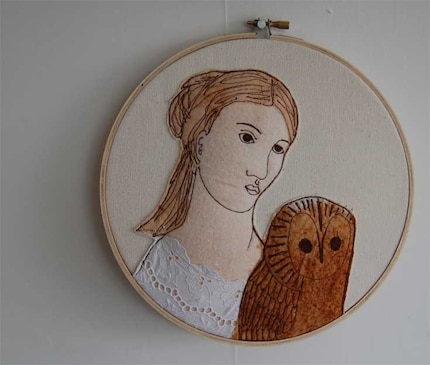 Lady with Owl -Sarah- collaged embroidery ON SALE