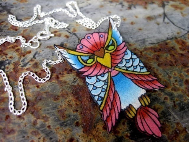 big vintage tattoo lucky pink and blue owl necklace