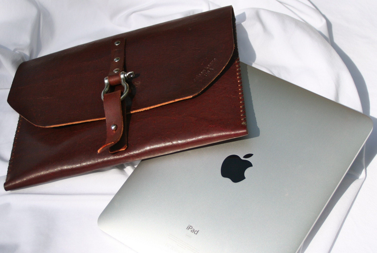 THE AGED APPLE- iPad Thick Dark Brown Latigo 6 oz. Leather Sheath / Cover / Case / Sleeve- With Flap and Buckle