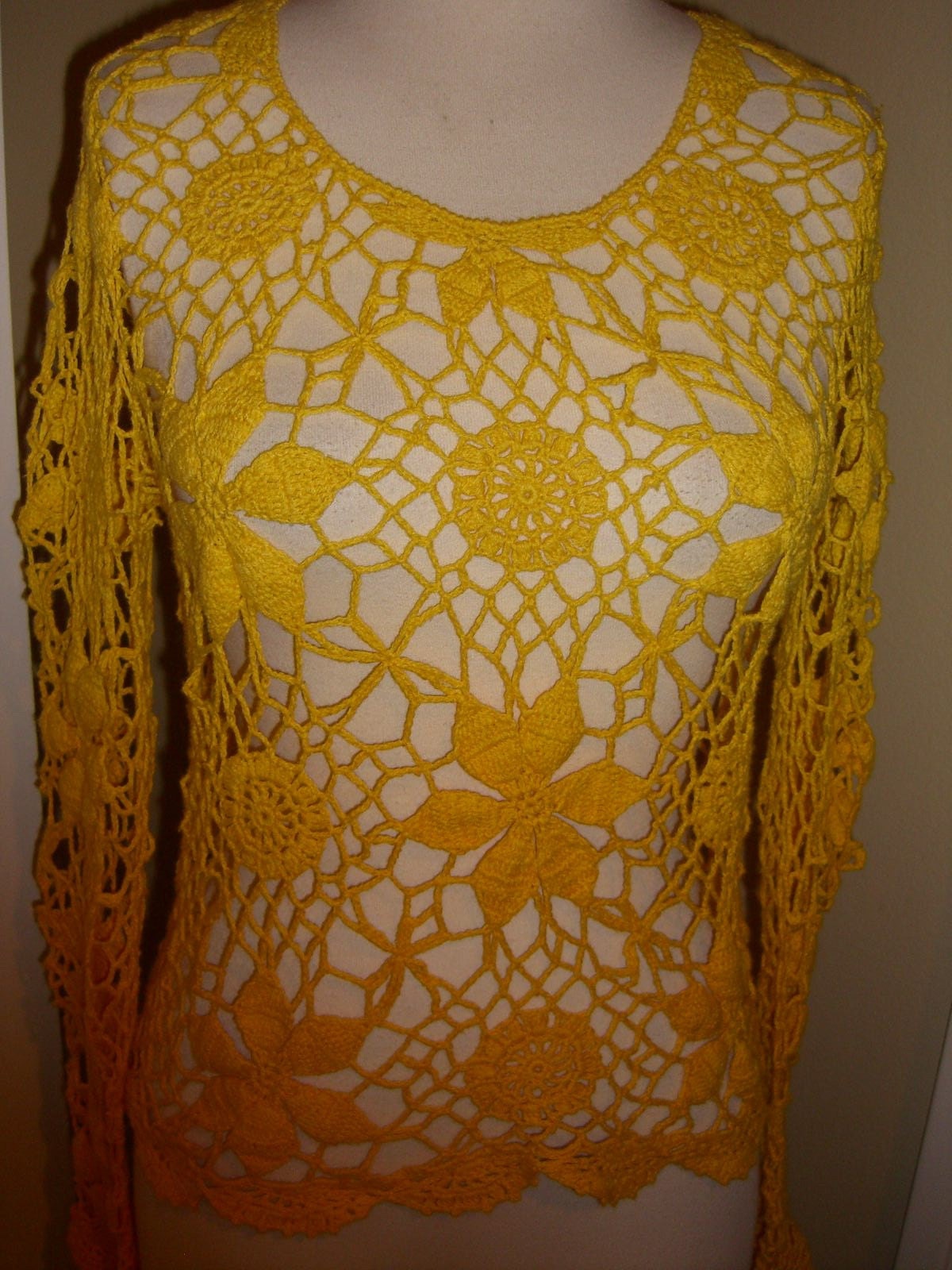Vintage Crochet Sweater Floral Hippie Bell Sleeves  Small Medium