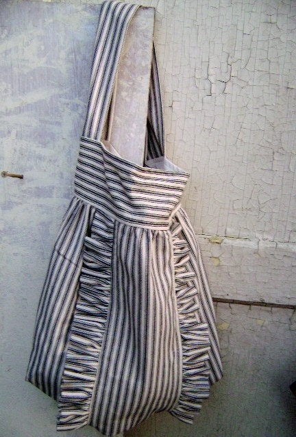 French Market Bag ... vintage black and cream french ticking ruffle tote from down de bayou