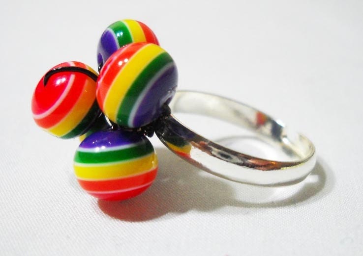 Striped Rainbow Resin Beaded Silver Ring