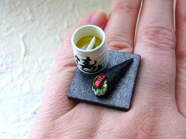 Kawaii Cute Japanese Ring - Green Tea And Sushi