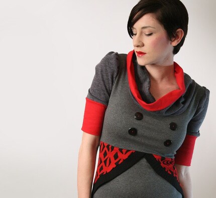 Cowl Neck  Red and Gray Top